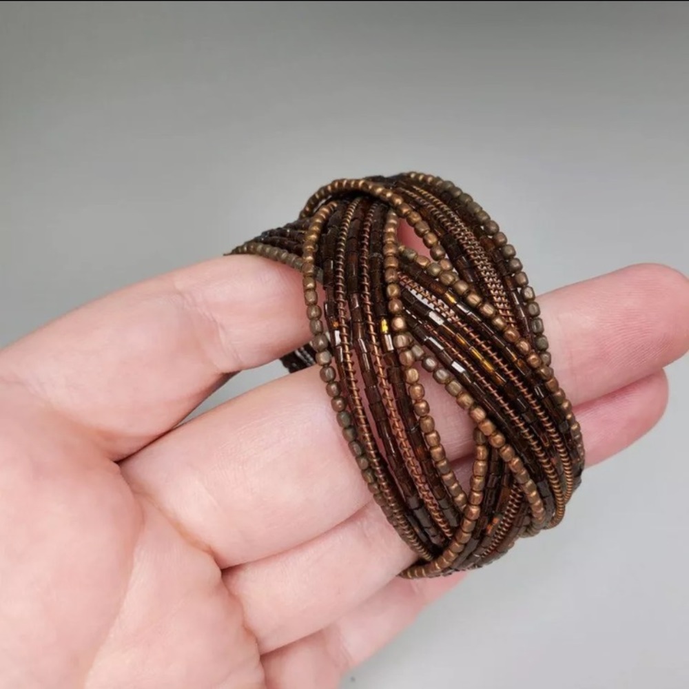Beaded Cuff Bracelet Brown/Copper Braided Woven Wire
